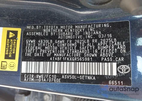 2016 Toyota Camry Le from USA, damaged, VIN 4T4BF1FKXGR565981
